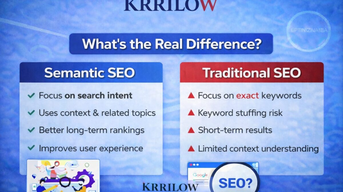 Examples are provided to illustrate the differences between semantic and traditional SEO.